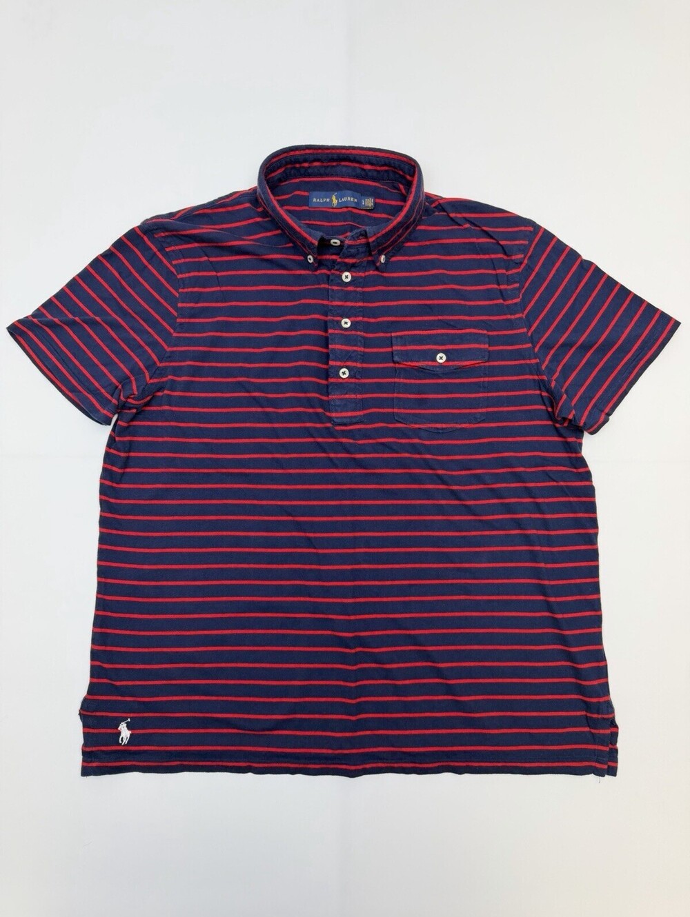 Ralph Lauren Polo Shirt Large Navy Blue Red Striped Pony Casual Pocket Mens